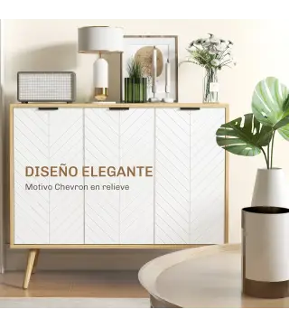 Mueble Buffet Auxiliar con Estantes Ajustables 3 Puertas Carga 50 kg 91,5x35x77,4 cm Blanco y Natural