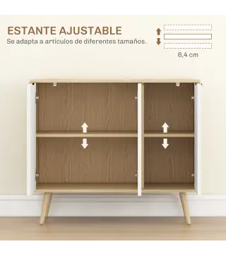 Mueble Buffet Auxiliar con Estantes Ajustables 3 Puertas Carga 50 kg 91,5x35x77,4 cm Blanco y Natural