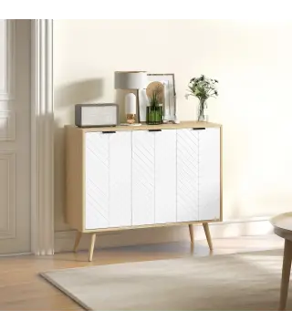 Mueble Buffet Auxiliar con Estantes Ajustables 3 Puertas Carga 50 kg 91,5x35x77,4 cm Blanco y Natural