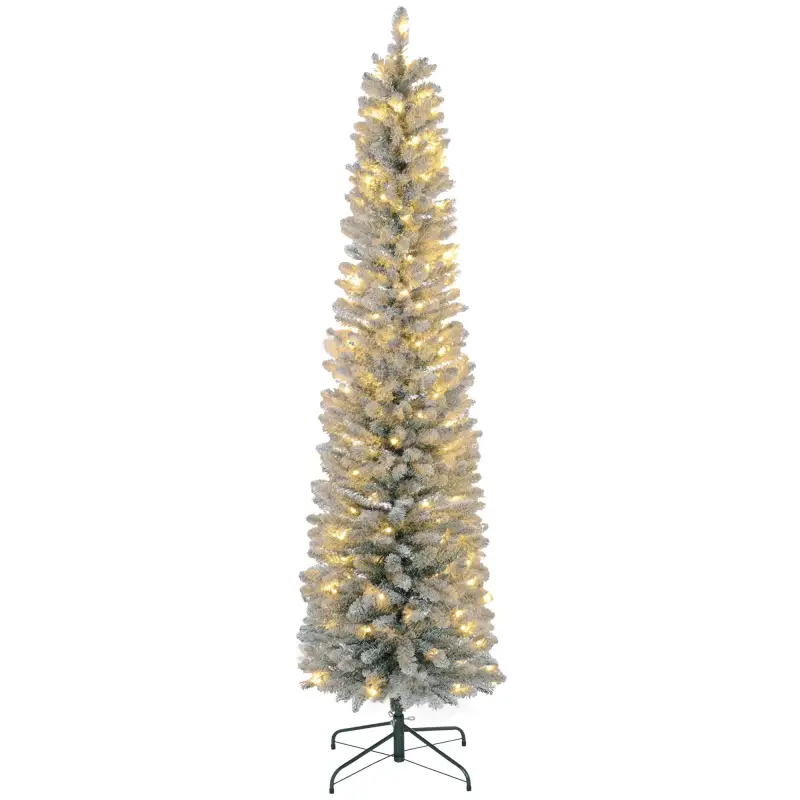 Árbol de Navidad Artificial Nevado 210 cm con 180 Luces LED 405 Ramas y Patas de Metal para Salón Verde y Blanco