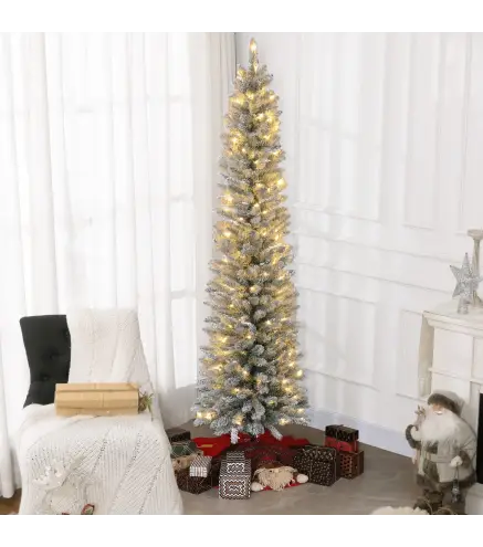 Árbol de Navidad Artificial Nevado 210 cm con 180 Luces LED 405 Ramas y Patas de Metal para Salón Verde y Blanco