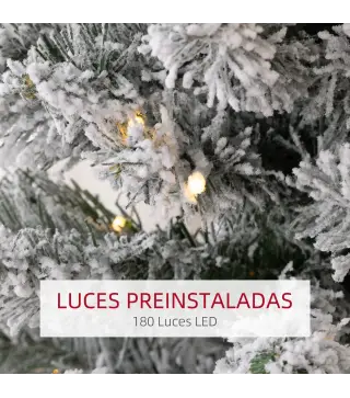 Árbol de Navidad Artificial Nevado 210 cm con 180 Luces LED 405 Ramas y Patas de Metal para Salón Verde y Blanco
