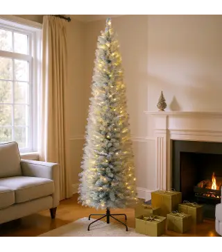 Árbol de Navidad Artificial Nevado 210 cm con 180 Luces LED 405 Ramas y Patas de Metal para Salón Verde y Blanco