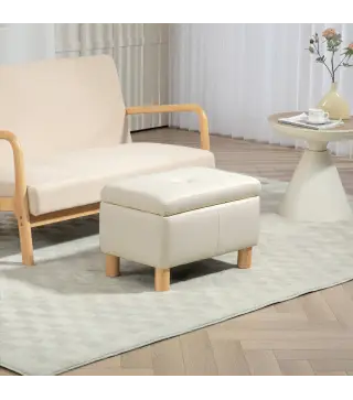 Baúl de Almacenaje para Dormitorio 33L Tapizado en PU Banco de Almacenaje con Patas de Madera 60x38x40 cm Crema