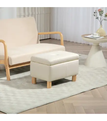 Baúl de Almacenaje para Dormitorio 33L Tapizado en PU Banco de Almacenaje con Patas de Madera 60x38x40 cm Crema