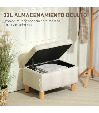 Baúl de Almacenaje para Dormitorio 33L Tapizado en PU Banco de Almacenaje con Patas de Madera 60x38x40 cm Crema