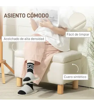 Baúl de Almacenaje para Dormitorio 33L Tapizado en PU Banco de Almacenaje con Patas de Madera 60x38x40 cm Crema
