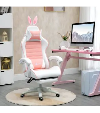 Silla Gaming Profesional de Cuero PU con Altura Ajustable Inclinable 135° Reposacabezas 65x63x136-142 cm Rosa y Blanco