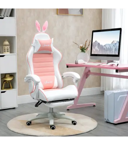 Silla Gaming Profesional de Cuero PU con Altura Ajustable Inclinable 135° Reposacabezas 65x63x136-142 cm Rosa y Blanco