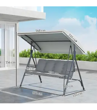 Balancín de Jardín Exterior Columpio de 3 Plazas con Toldo Ajustable y Marco de Acero 172x110x156 cm Gris Claro