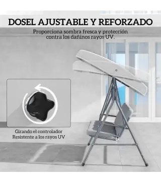 Balancín de Jardín Exterior Columpio de 3 Plazas con Toldo Ajustable y Marco de Acero 172x110x156 cm Gris Claro