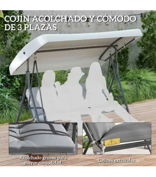 Balancín de Jardín Exterior Columpio de 3 Plazas con Toldo Ajustable y Marco de Acero 172x110x156 cm Gris Claro