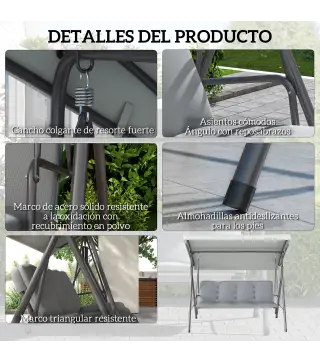Balancín de Jardín Exterior Columpio de 3 Plazas con Toldo Ajustable y Marco de Acero 172x110x156 cm Gris Claro