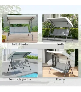 Balancín de Jardín Exterior Columpio de 3 Plazas con Toldo Ajustable y Marco de Acero 172x110x156 cm Gris Claro