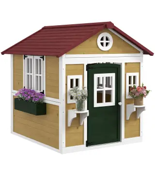 Casita de Madera Infantil con Puerta Ventanas Jardineras y Repisas con Detalles de Color 114x126,4x135 cm Natural