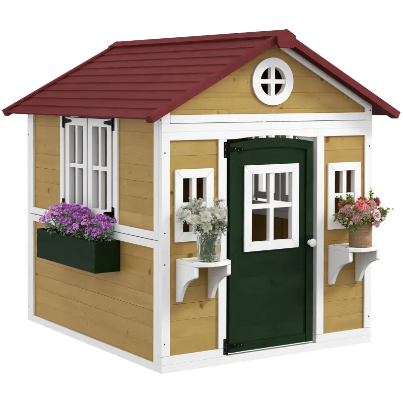 Casita de Madera Infantil con Puerta Ventanas Jardineras y Repisas con Detalles de Color 114x126,4x135 cm Natural