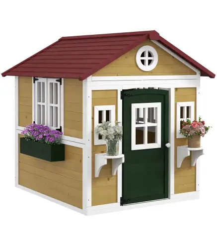 Casita de Madera Infantil con Puerta Ventanas Jardineras y Repisas con Detalles de Color 114x126,4x135 cm Natural