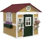 Casita de Madera Infantil con Puerta Ventanas Jardineras y Repisas con Detalles de Color 114x126,4x135 cm Natural