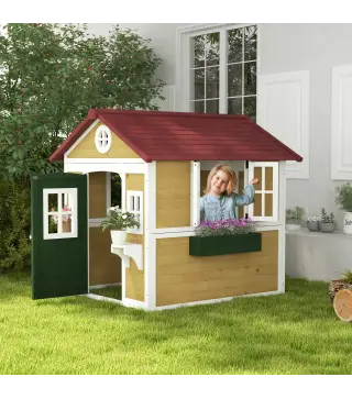 Casita de Madera Infantil con Puerta Ventanas Jardineras y Repisas con Detalles de Color 114x126,4x135 cm Natural