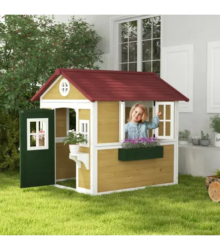 Casita de Madera Infantil con Puerta Ventanas Jardineras y Repisas con Detalles de Color 114x126,4x135 cm Natural