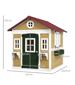 Casita de Madera Infantil con Puerta Ventanas Jardineras y Repisas con Detalles de Color 114x126,4x135 cm Natural
