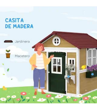 Casita de Madera Infantil con Puerta Ventanas Jardineras y Repisas con Detalles de Color 114x126,4x135 cm Natural