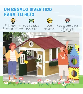 Casita de Madera Infantil con Puerta Ventanas Jardineras y Repisas con Detalles de Color 114x126,4x135 cm Natural