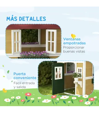 Casita de Madera Infantil con Puerta Ventanas Jardineras y Repisas con Detalles de Color 114x126,4x135 cm Natural