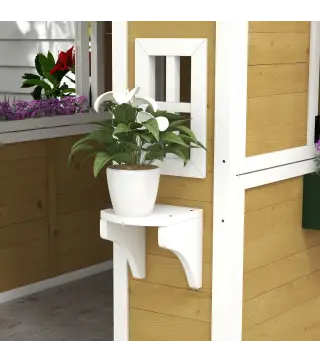 Casita de Madera Infantil con Puerta Ventanas Jardineras y Repisas con Detalles de Color 114x126,4x135 cm Natural