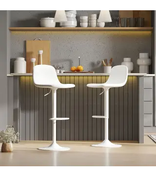 Conjunto 2 Taburetes Altos Ajustables 360° con Respaldo y Reposapiés para Cocina Bar o Comedor 40,5x44x84-104 cm Blanco