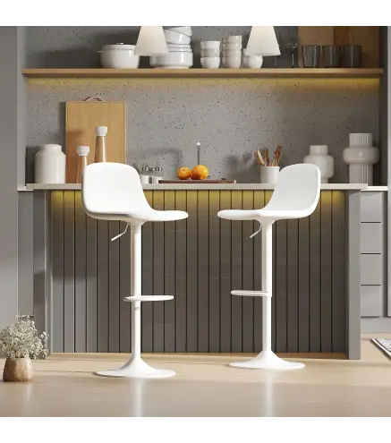 Conjunto 2 Taburetes Altos Ajustables 360° con Respaldo y Reposapiés para Cocina Bar o Comedor 40,5x44x84-104 cm Blanco