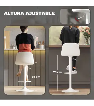 Conjunto 2 Taburetes Altos Ajustables 360° con Respaldo y Reposapiés para Cocina Bar o Comedor 40,5x44x84-104 cm Blanco