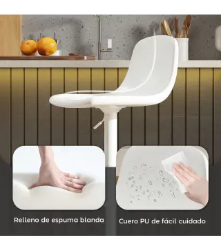 Conjunto 2 Taburetes Altos Ajustables 360° con Respaldo y Reposapiés para Cocina Bar o Comedor 40,5x44x84-104 cm Blanco