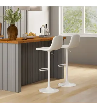 Conjunto 2 Taburetes Altos Ajustables 360° con Respaldo y Reposapiés para Cocina Bar o Comedor 40,5x44x84-104 cm Blanco