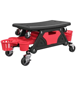 Taburete de Taller Giratorio con Ruedas Altura Ajustable 2 Bandejas Portavasos y Cajón Carga 135 kg para Garaje Rojo