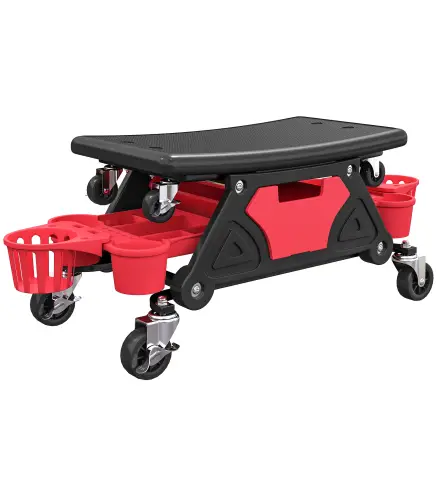 Taburete de Taller Giratorio con Ruedas Altura Ajustable 2 Bandejas Portavasos y Cajón Carga 135 kg para Garaje Rojo