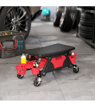 Taburete de Taller Giratorio con Ruedas Altura Ajustable 2 Bandejas Portavasos y Cajón Carga 135 kg para Garaje Rojo