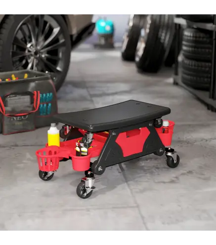 Taburete de Taller Giratorio con Ruedas Altura Ajustable 2 Bandejas Portavasos y Cajón Carga 135 kg para Garaje Rojo