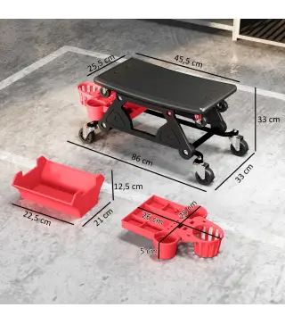 Taburete de Taller Giratorio con Ruedas Altura Ajustable 2 Bandejas Portavasos y Cajón Carga 135 kg para Garaje Rojo
