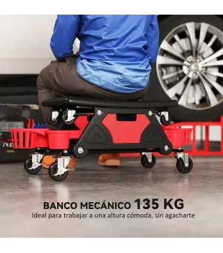 Taburete de Taller Giratorio con Ruedas Altura Ajustable 2 Bandejas Portavasos y Cajón Carga 135 kg para Garaje Rojo