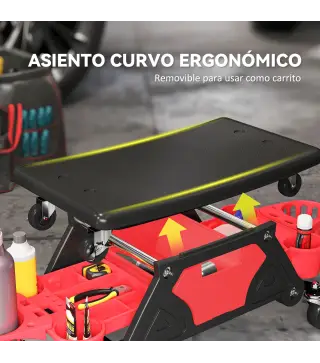 Taburete de Taller Giratorio con Ruedas Altura Ajustable 2 Bandejas Portavasos y Cajón Carga 135 kg para Garaje Rojo