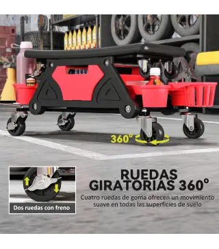Taburete de Taller Giratorio con Ruedas Altura Ajustable 2 Bandejas Portavasos y Cajón Carga 135 kg para Garaje Rojo