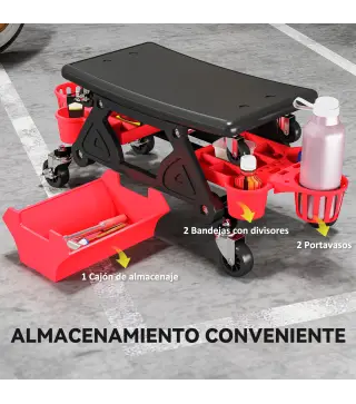 Taburete de Taller Giratorio con Ruedas Altura Ajustable 2 Bandejas Portavasos y Cajón Carga 135 kg para Garaje Rojo
