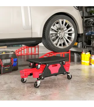 Taburete de Taller Giratorio con Ruedas Altura Ajustable 2 Bandejas Portavasos y Cajón Carga 135 kg para Garaje Rojo