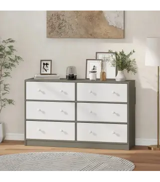 Cómoda con 6 Cajones de Tela Marco de Acero y MDF Cajonera para Salón Oficina Vestidor Blanco y Gris