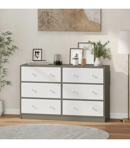 Cómoda con 6 Cajones de Tela Marco de Acero y MDF Cajonera para Salón Oficina Vestidor Blanco y Gris