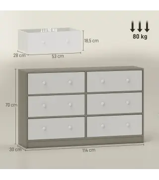 Cómoda con 6 Cajones de Tela Marco de Acero y MDF Cajonera para Salón Oficina Vestidor Blanco y Gris