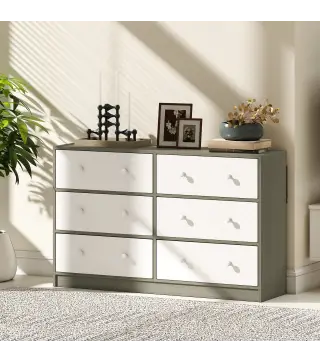 Cómoda con 6 Cajones de Tela Marco de Acero y MDF Cajonera para Salón Oficina Vestidor Blanco y Gris