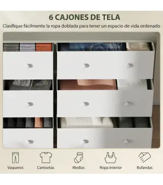 Cómoda con 6 Cajones de Tela Marco de Acero y MDF Cajonera para Salón Oficina Vestidor Blanco y Gris