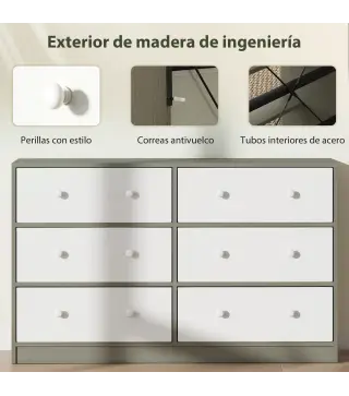 Cómoda con 6 Cajones de Tela Marco de Acero y MDF Cajonera para Salón Oficina Vestidor Blanco y Gris